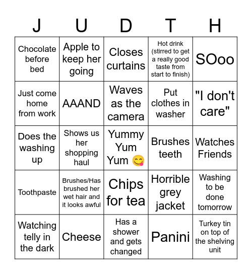 An Evening in the Life of Judith Bingo Card