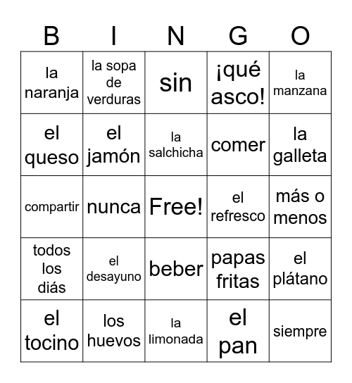 3A - Vocabulario - La Comida Bingo Card