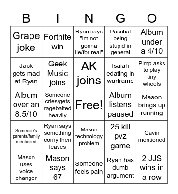 67 mustard bingo Card