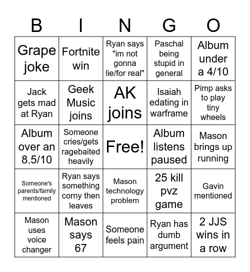 67 mustard bingo Card