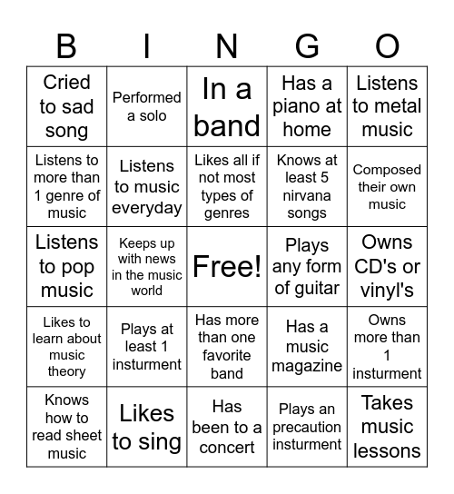 Music BINGO Card Bingo Card