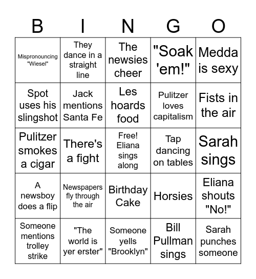 Eliana's Newsies Birthday Bingo Card