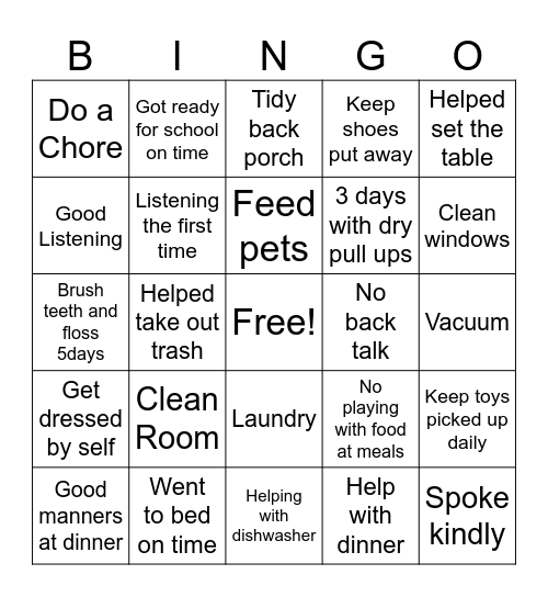 Home Behavior Bingo Card