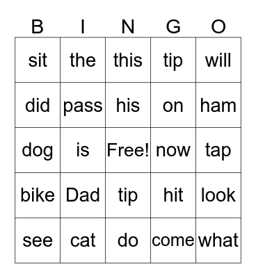 Reading Sight Words Bingo Card