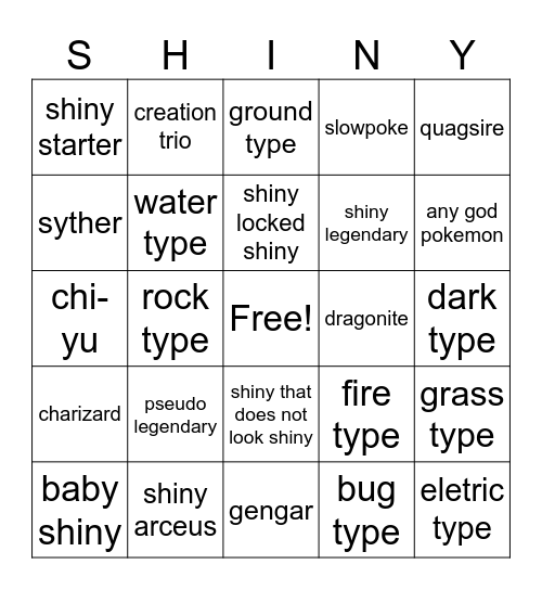 SHINY POKEMON Bingo Card