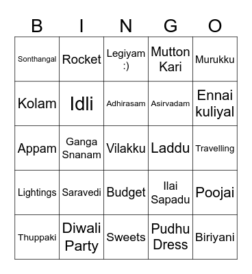 Deepavali Bingo Card