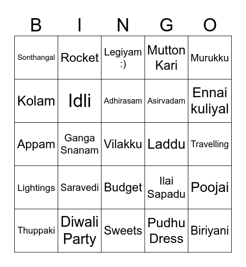 Deepavali Bingo Card