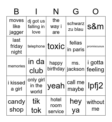 Songs Bingo Card