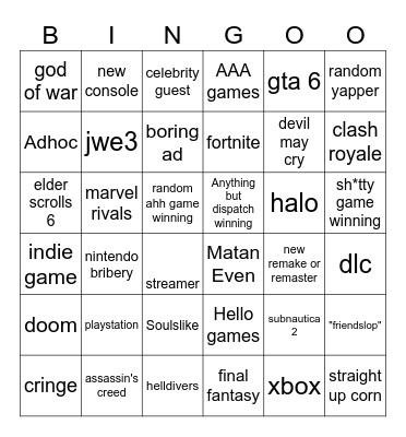 game awards bingo Card