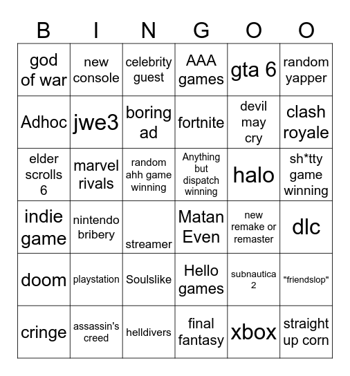 game awards bingo Card