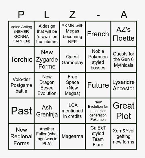 Pokemon Legends: Z-A Bingo V2 Bingo Card