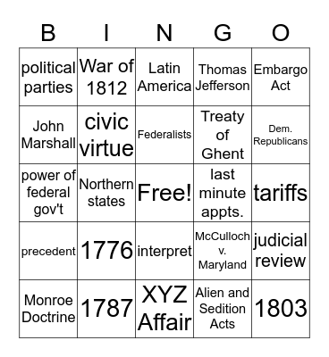Early Republic Review Bingo Card