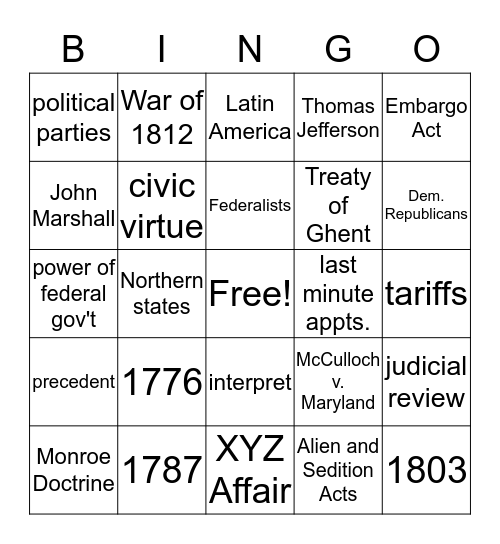 Early Republic Review Bingo Card