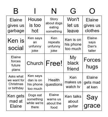 Grandma's house Bingo Card