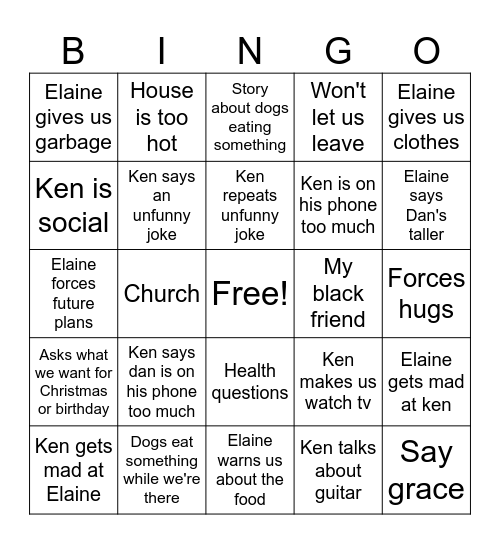 Grandma's house Bingo Card