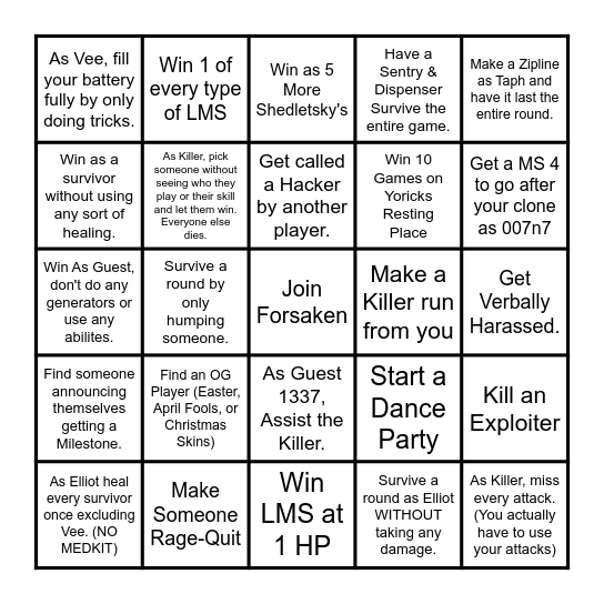 Forsaken Bingo Card