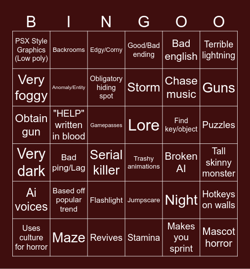 HORROR ROBLOX Bingo Card