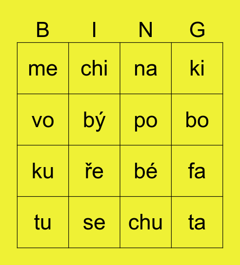 slabiky s písmenem Bingo Card