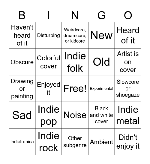 Indie album bingo Card