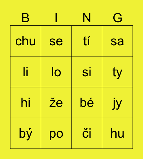 slabiky s písmenem Bingo Card