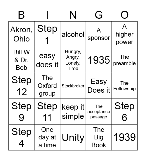 AA Bingo Trivia Bingo Card