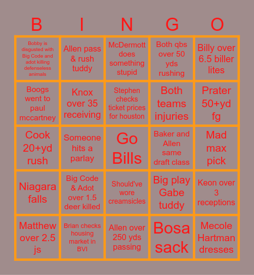 Bills Vs Buccaneers Bingo Card