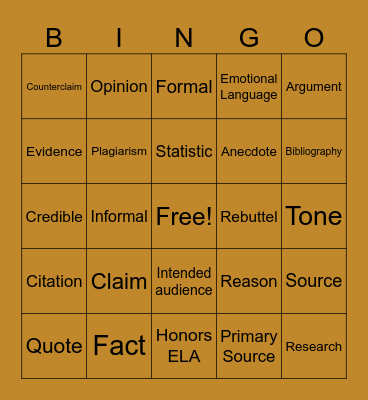 Argumentative Writing Bingo Card