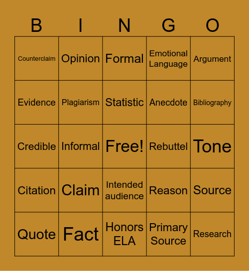 Argumentative Writing Bingo Card