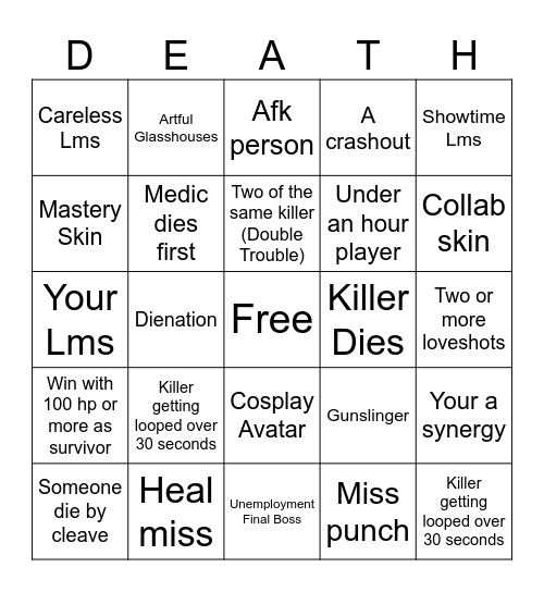 Die of Death Bingo Card