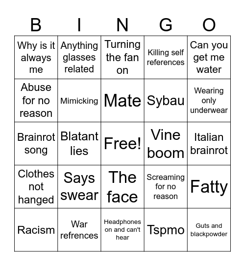 Brainrotted Brother Bingo Card