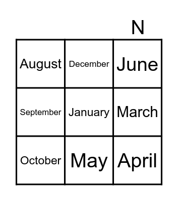 Months of the year Bingo Card