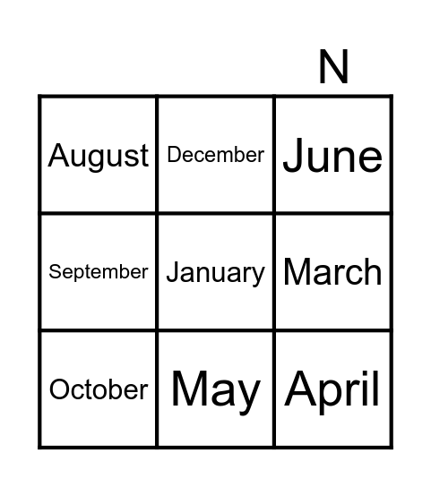 Months of the year Bingo Card