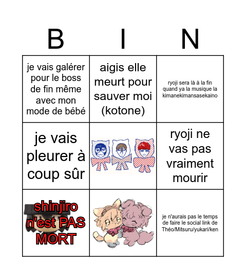 bingo ce que je pense que yaura à la fin de p3p Bingo Card