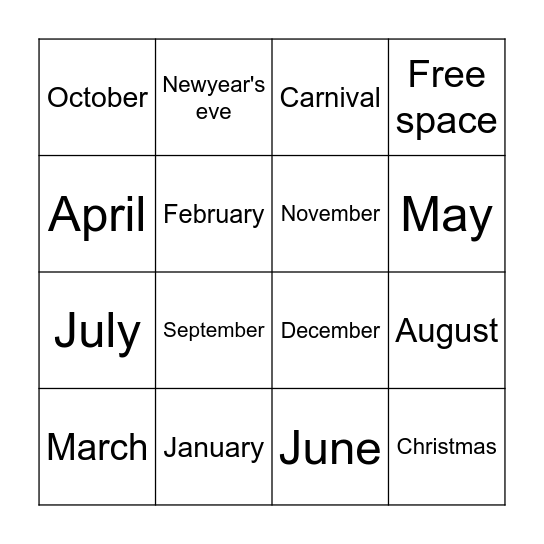 Months of the year Bingo Card