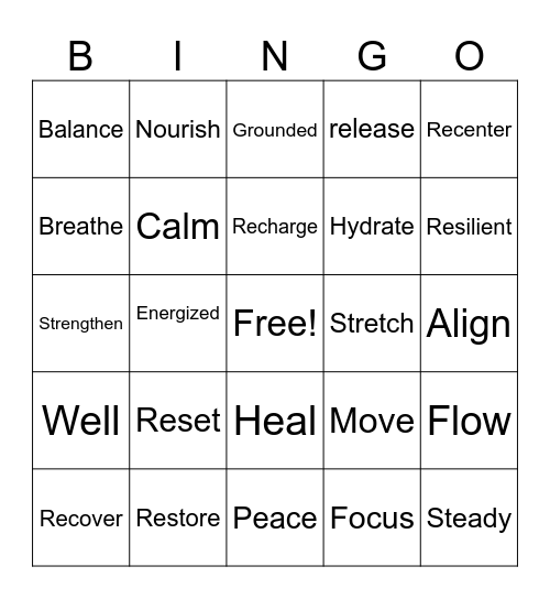 Health and Wellness Word List Bingo Card