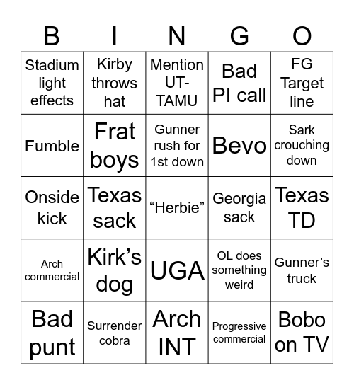 UGA-UT Bingo Card