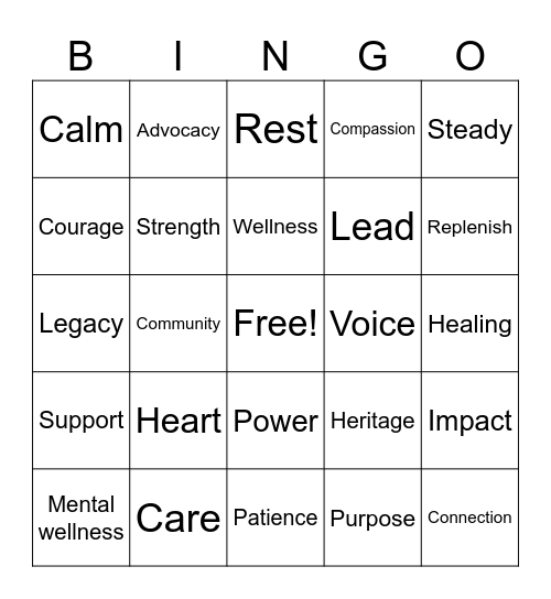 Theme Driven Word List Bingo Card