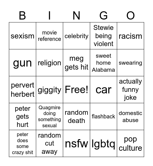Family guy Bingo Card