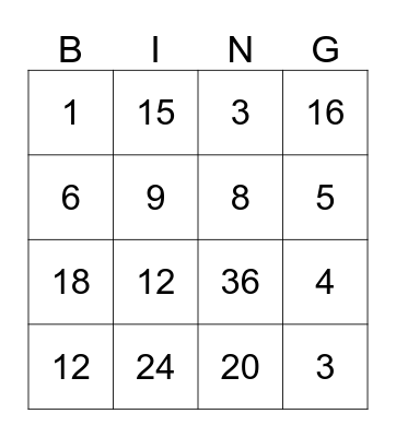Multiplication bingo Card
