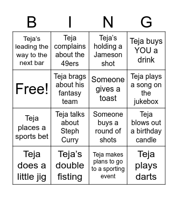 Teja’s Birthday! Bingo Card