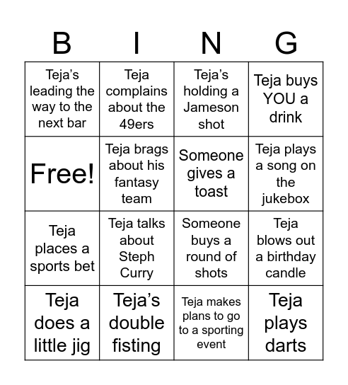 Teja’s Birthday! Bingo Card