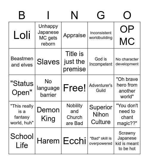 Isekai Bingo Card