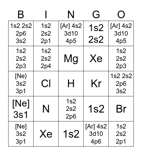 Electron Configuration Bingo Card