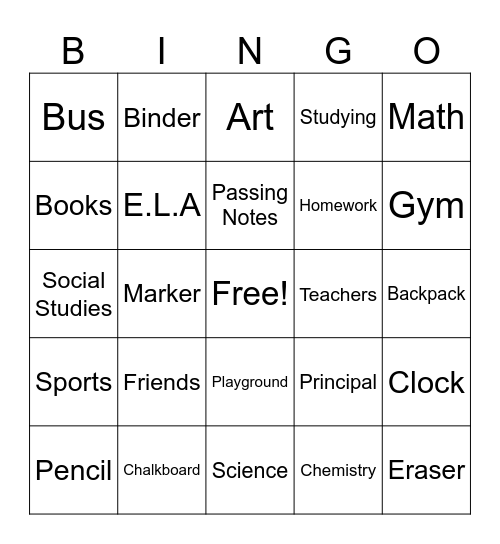 Back-to-School Bingo Card