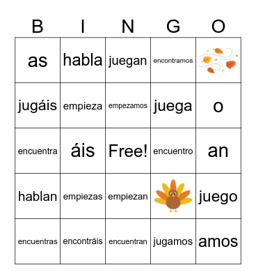 Spanish AR Boot Verbs and Thanksgiving Bingo Card