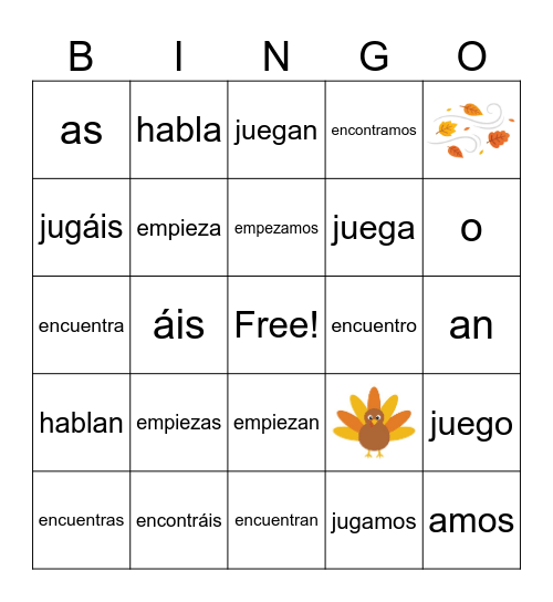 Spanish AR Boot Verbs and Thanksgiving Bingo Card