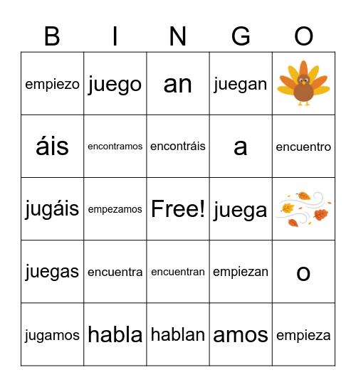 Spanish AR Boot Verbs and November Bingo Card