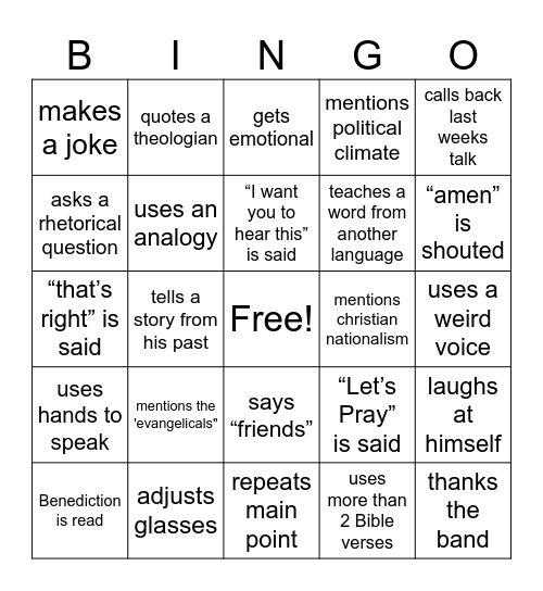 Service Bingo Card