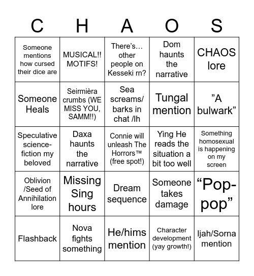 Transplanar CHAOS A4 E7-8 Bingo Card
