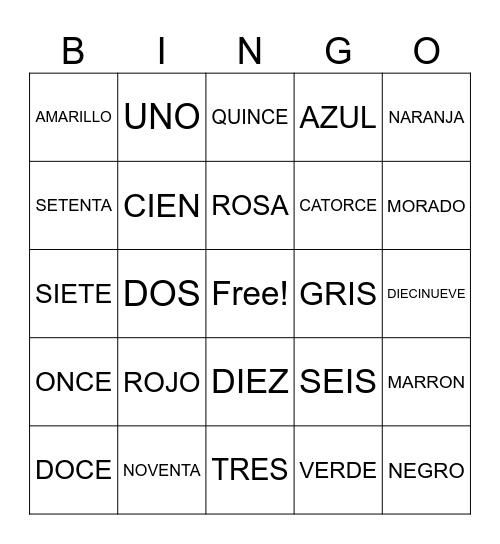Spanish Colors Bingo Card